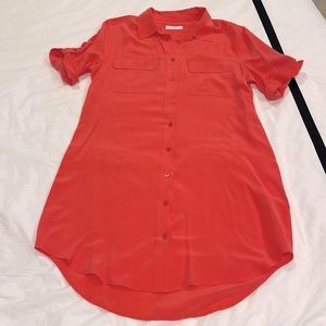 Equipment deep coral silk shirt dress